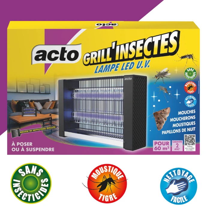 • Zone d’action : 60 m² environ. • Dimensions : L. 40.7 x P. 9.5 x H. 26.3 cm. • Alimentation : 220-240 V – 50-60 Hz. • Puissance : 2 x 6,5 W. • Faible consommation énergétique : 14 W. • Tubes LED U.V. : T8 6,5 W de 330 mm (hors fiches) et 346 mm (avec les fiches). • Durée de vie des tubes : 20 000 heures. • Cordon d’alimentation : 1,2 m. • Grille métallique haute tension : 2 000 – 2 500 V. • Longueur d’onde U.V. : 395 nm.