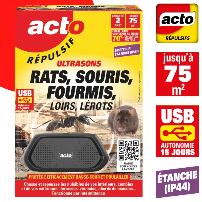 Répulsif ultrasons ACTO rechargeable | Rats, souris, fourmis 75 m²
